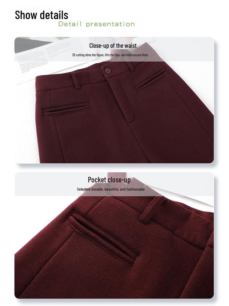 Ancola Women's Red Wool Pants: 2024 Autumn/Winter Plus Velvet Straight-Leg Wide-Leg Style
