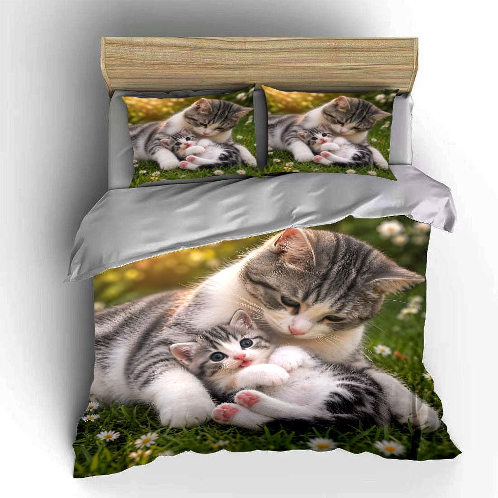 Mother Cat Cuddling Kitten Bedding Set For Kids Luxury Gift 3Pcs Digital Print Comforter Set Soft Comfortable Breathable