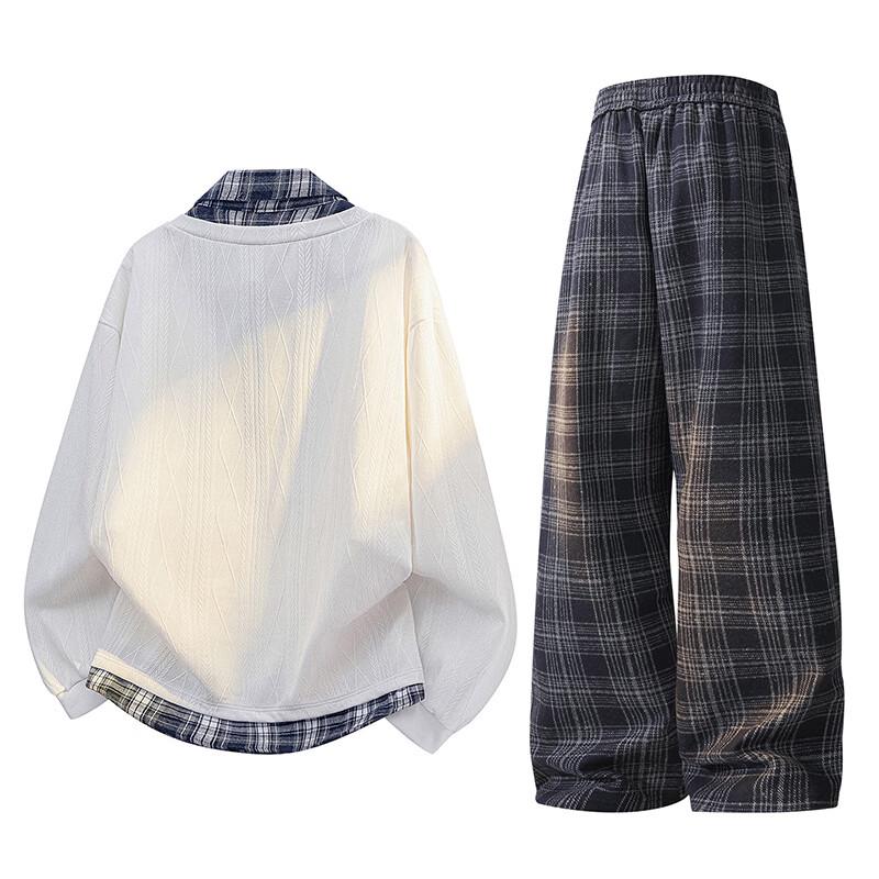 Wassup Sohot Men's Spliced Long-Sleeve T-Shirt & Plaid Casual Pants Set