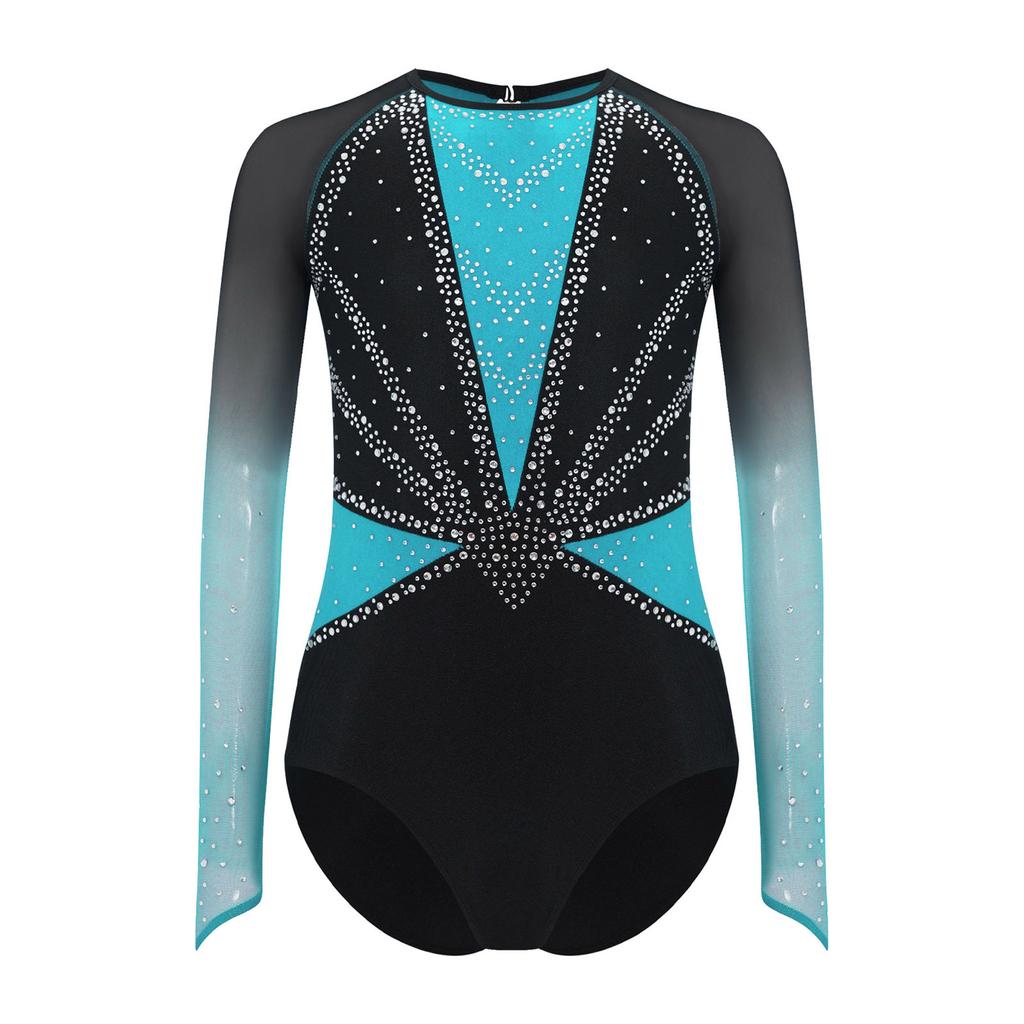 Costum de Gimnastică și Dans pentru Fete cu Mâneci Lungi din Plasă, Decolteu la Spate, Strălucitor cu Strass-uri, Leotard Color-Block