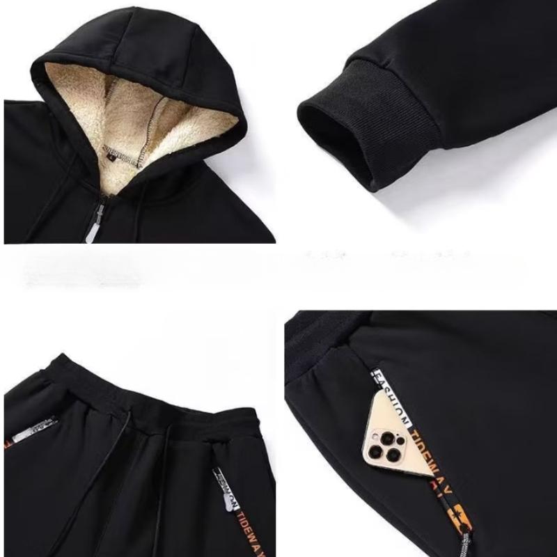 Herr Vinter Ullig Sportdräkt Förtjockad Fleecefodrad Jacka Casual Trendiga Flödande Kläder Byxor Herrset