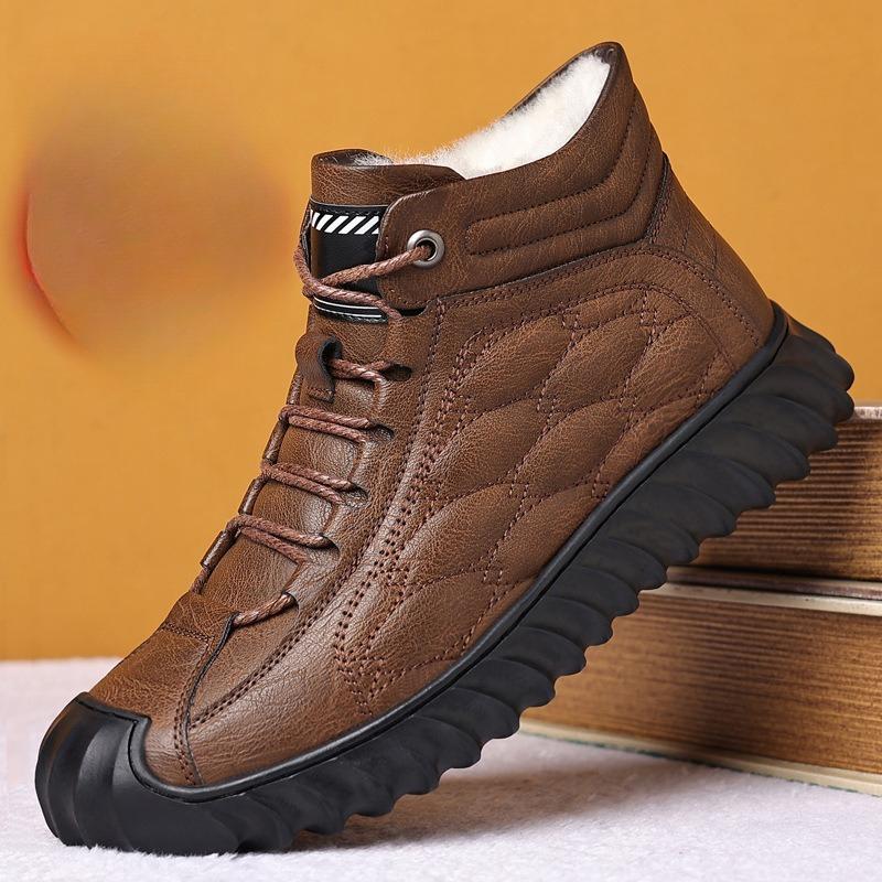Fashion Non-Slip Cotton Shoes Men's Winter Warm Thickened Fleece-Lined Leather High-Top Snow Boots Integrated Wool Hair Casual Shoes