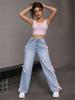 Y2K Elastic Straight Leg Bow Jeans - Women's American Spicy Girl Style, Loose Fit, Long Pants, Trendy INS Style
