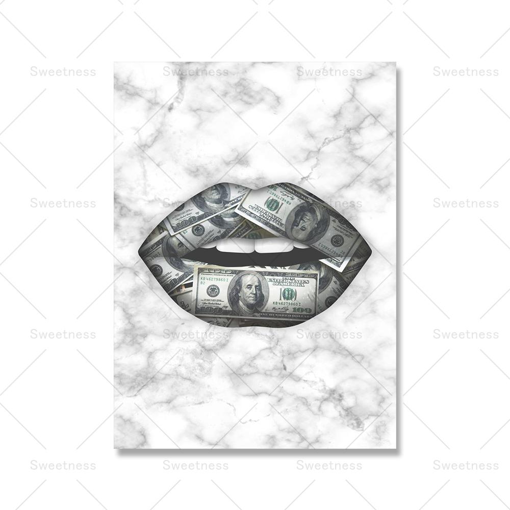 Modern Golden Lips Dollar Money Poster Print Wall Art Luxury Art Canvas Painting Abstract Pictures for Living Room Home Decor No Frame