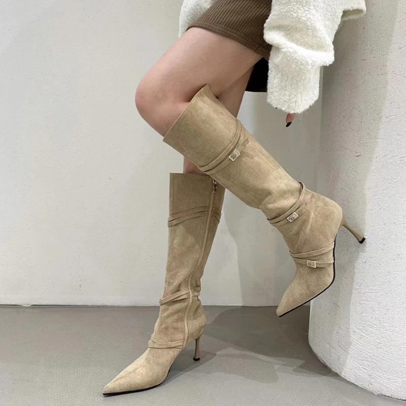 Fashion Vintage Women Pointed Toe Western Knee-High Boots Warm Short Plush Long Booties High Heels Stripper Shoes
