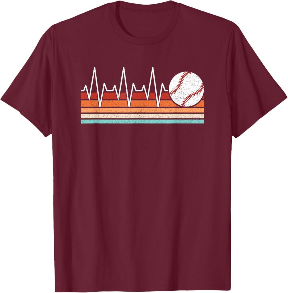 Baseball Heartbeat EKG Life Retro Graphic Tee Breathable Cotton Short Sleeve T-Shirt For Men And Women