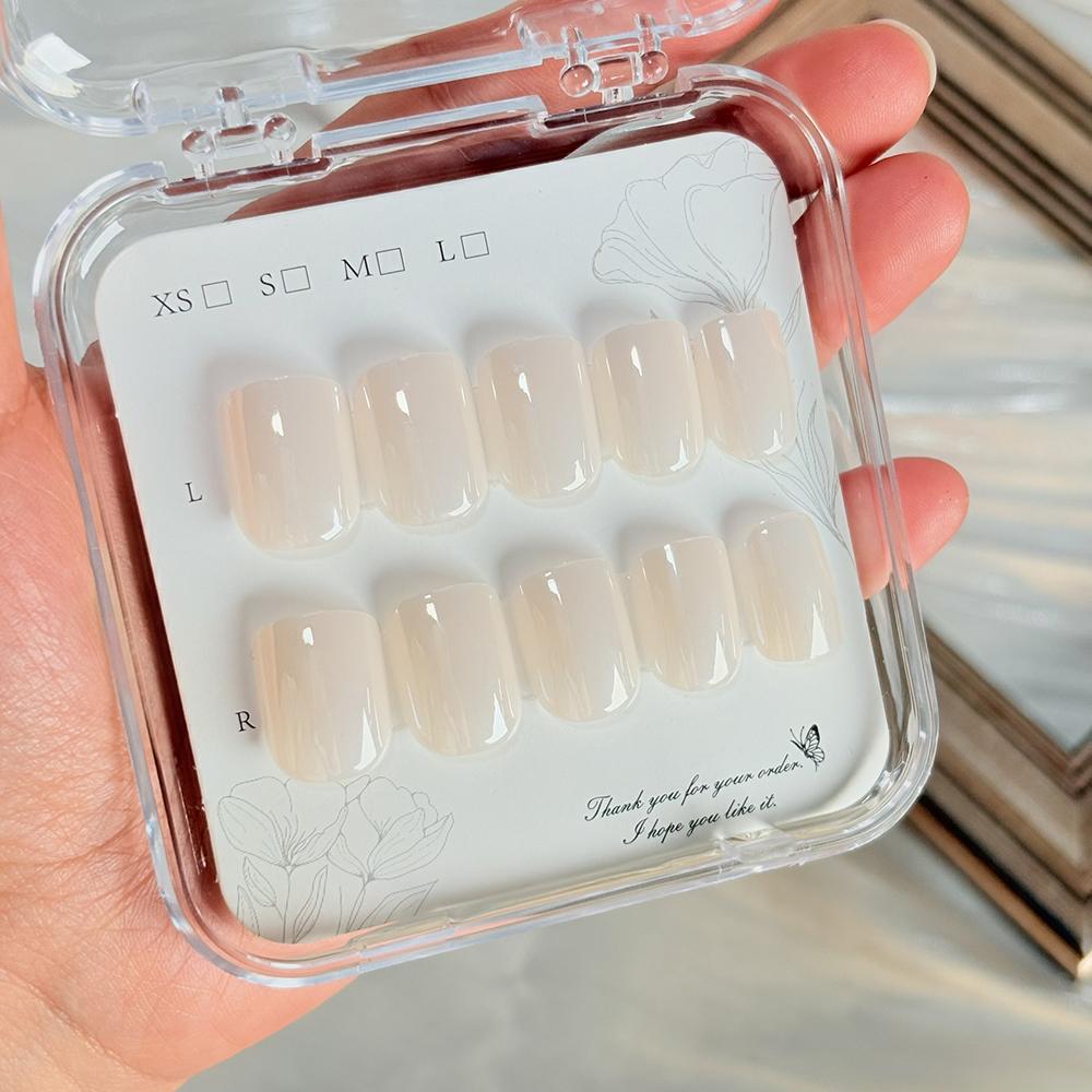 144Pcs Nude Apricot Short Square False Nails Tip Solid Color Handmade Glossy Almond Fake Manicure Removable Wearable Nail Armor