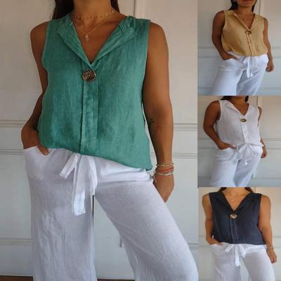 Women's Independent Station Fake Cardigan V-neck Cotton Linen Sleeveless Casual Shirt