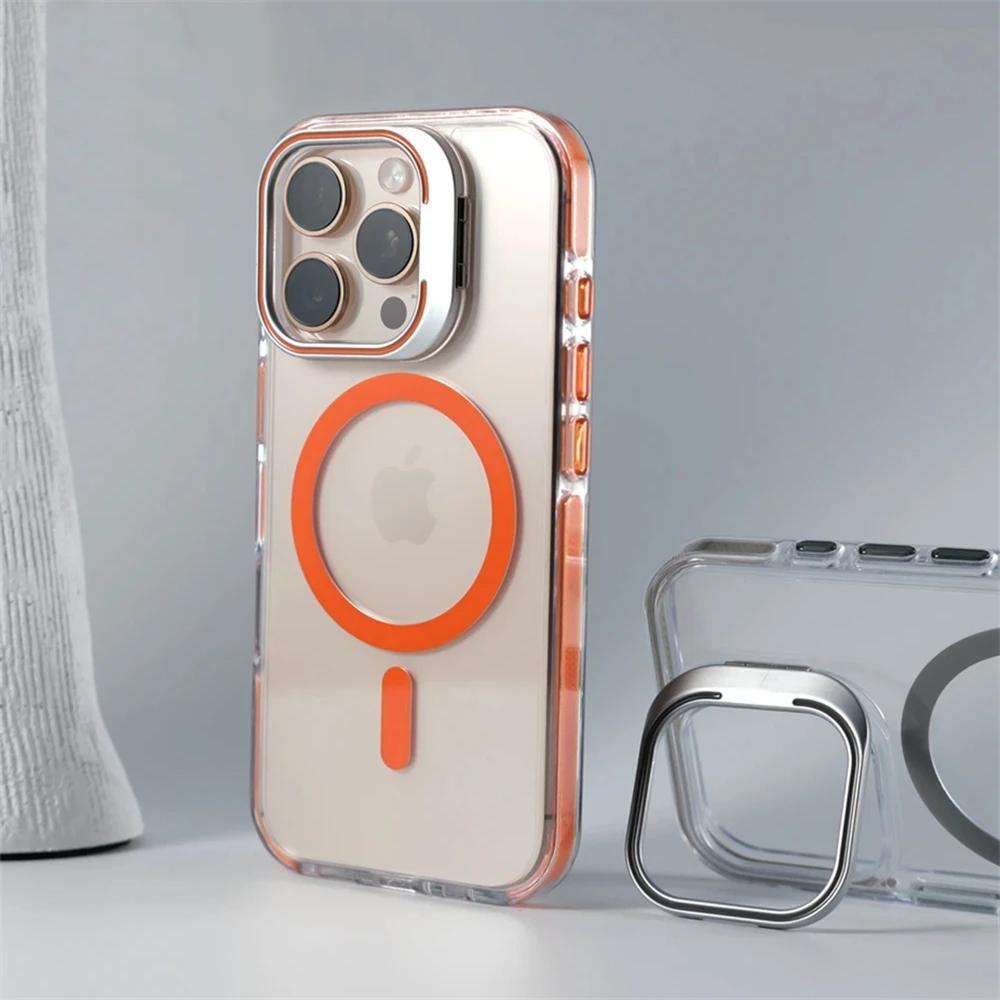 Luxury Lens Holder Shockproof Magnetic Case For iPhone 16 15 14 Plus 13 12 17 Pro Max 17Air 16e Magsafe Fashion Clear Cover
