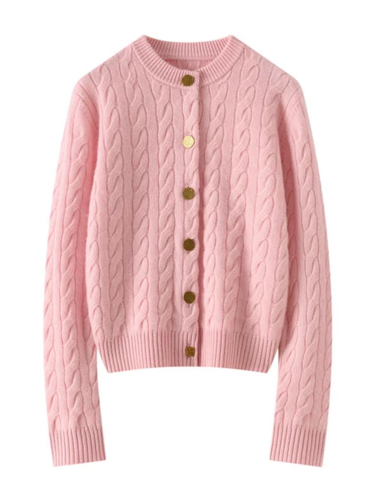 Women's Heavy Cable Knit Cashmere Cardigan - Round Neck, Long Sleeve, Autumn/Winter Style Sweater Coat