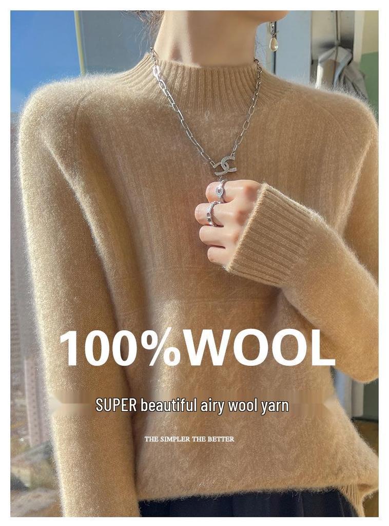 Women's Korean Style Wool Cable Knit Sweater - Thick Half-High Neck Base Layer for Autumn/Winter 2025