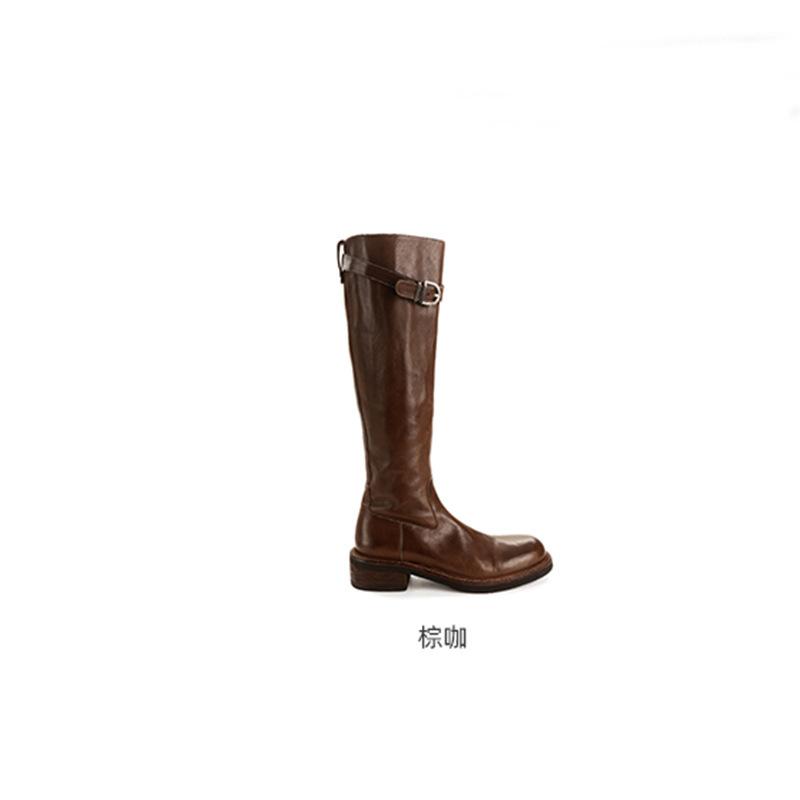 

Grape mother, the same 2025 autumn and winter washed horse leather round head thick heel high boots belt buckle long boots women look thin 40