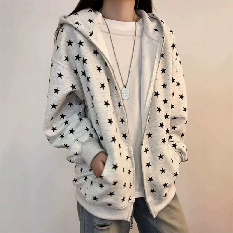 Unisex Oversized Hooded Zip-Up Sweatshirt With Star Print Premium Heavyweight Cotton Blend Casual Fall Streetwear
