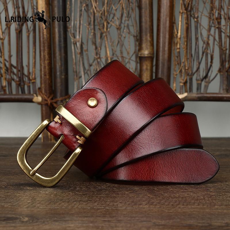 Ceinture en Cuir Véritable Cuir de Vachette Grain Supérieur Lavé Rétro pour Homme avec Boucle en Laiton, Nouvelle Ceinture Tendance Style Coréen