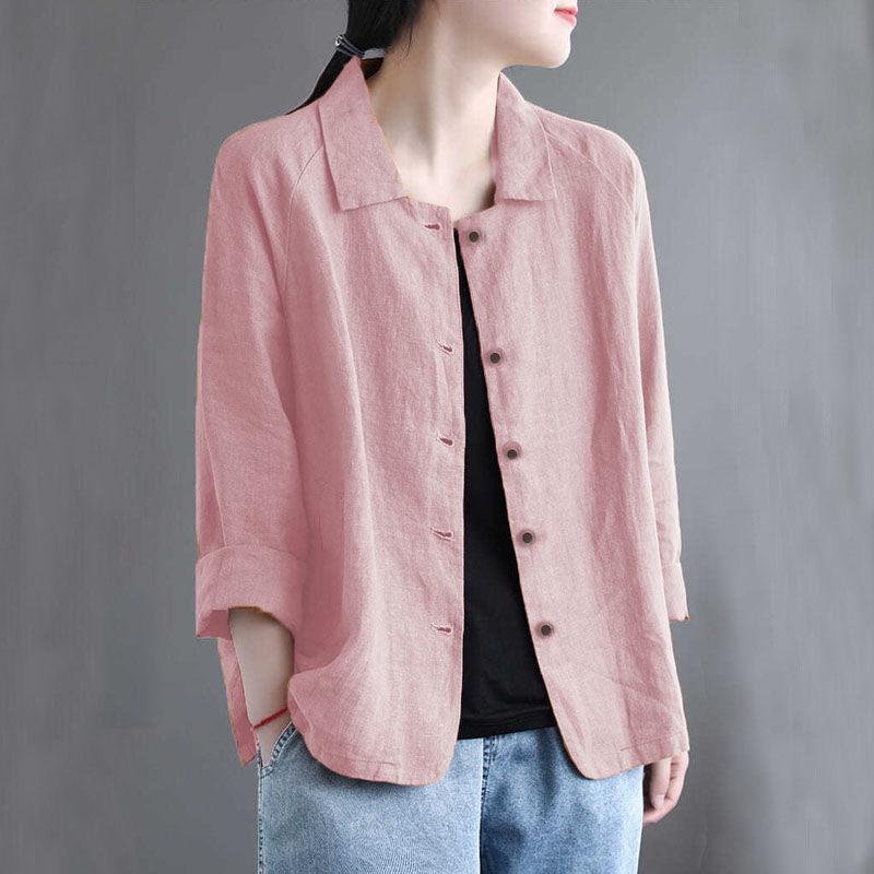 Damen Baumwolle Leinen Hemdjacke - Frühling/Herbst Vielseitig Einfarbig mit Sonnenschutz