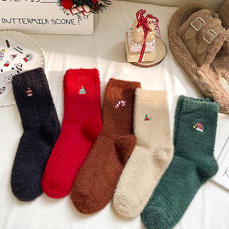 Polyester Soft Home Floor Socks Christmas Fluffy Socks Party Mink Fur Soft Sock Warm Christmas Embroidered Socks Home