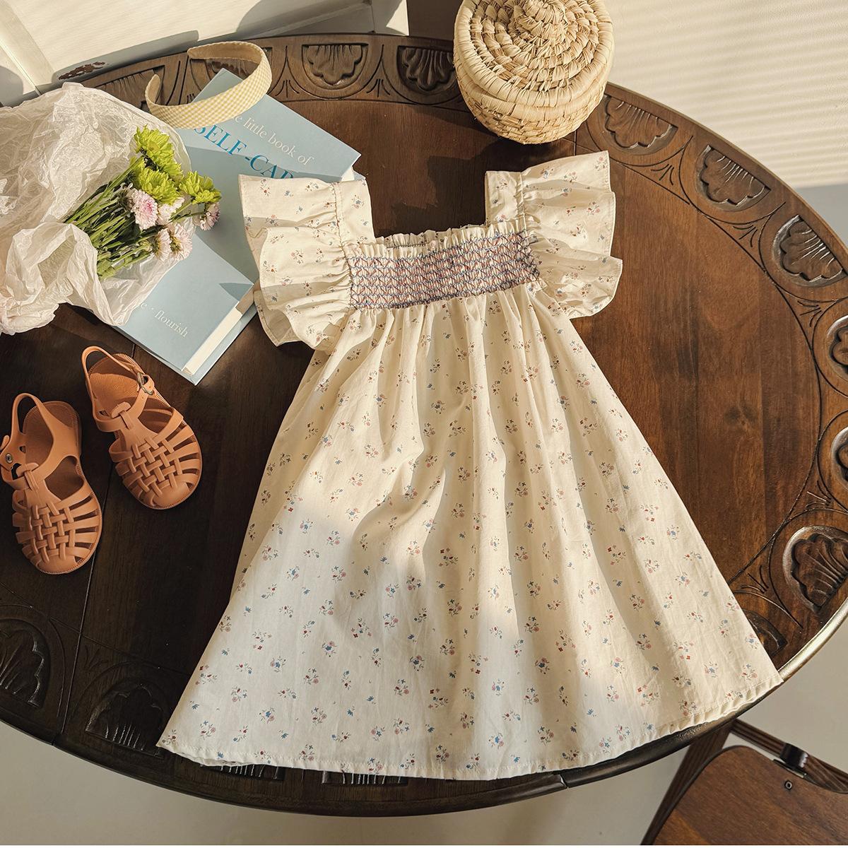Summer Girls Floral Dress Cotton Short Flutter Sleeve Cute Baby Girl Casual Outdoor Wear Dress 140cm