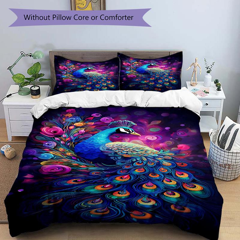 3pcs Peacock Feather Duvet Cover Set -Includes 1 Duvet Cover and 2 Pillowcases, No Quilt Core, All-Season Home Decor  yy251111192