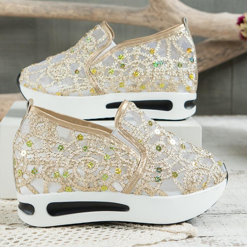 Summer new casual single shoes slope heel thick sole foot cover single shoes mesh breathable sequins large size mesh women's shoes