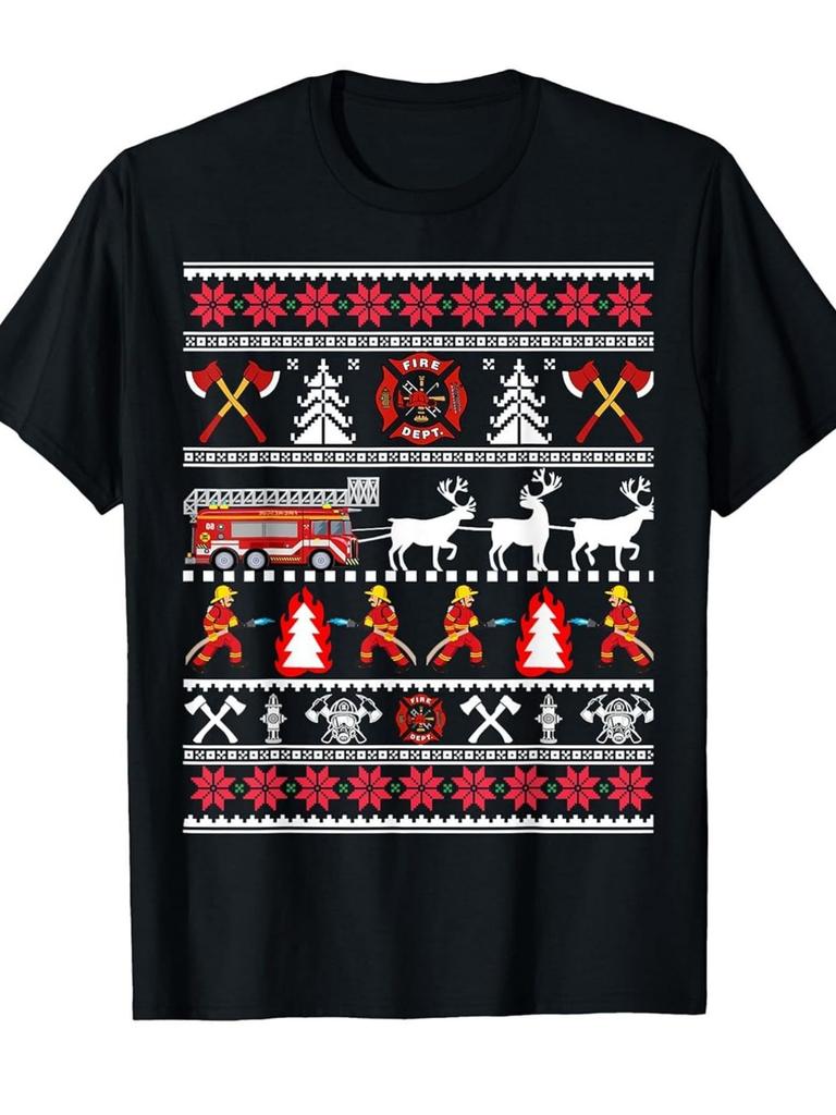 Men's Vintage Fire Department Graphic TShirt Black Firefighter with Red & White Fire Truck Loose Fit Crew Neck Shirt for Firefighter Appreciation Even