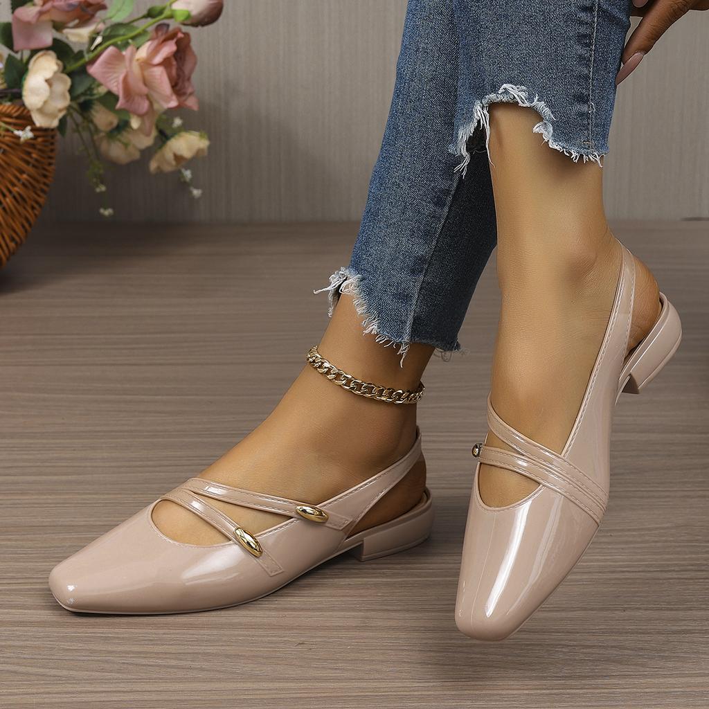 Summer Women Slingback Flats Square Toe Patent Leather Gold Buckle Low Heel Daily Office Commute Party Fashion Dress Shoes