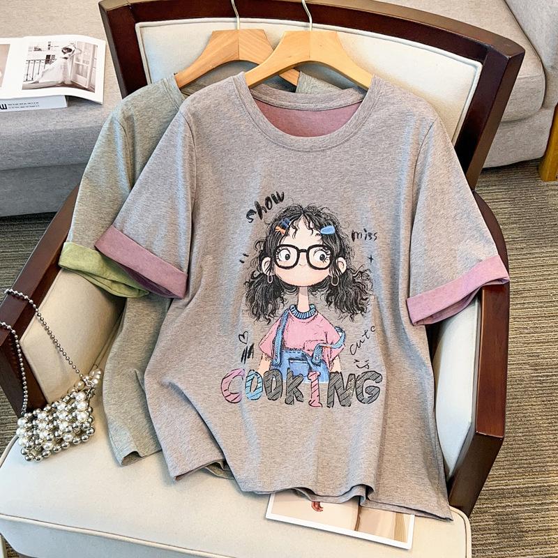 

Plus Size Cartoon Print Round Neck T-shirt - Women’s Summer 2025 Fashion, Loose Fit, Short Sleeve, Versatile Style 6XL (for 90-105 kg)