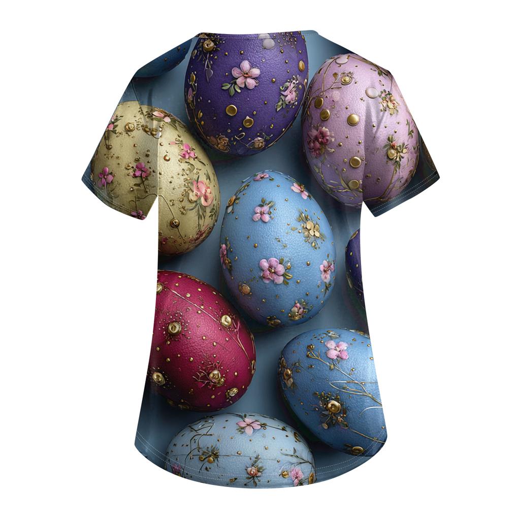 Damenmode V-Ausschnitt Kurzarm Arbeitskleidung Mit Taschen Osterdruck Oberteil Pflegekraft Uniform