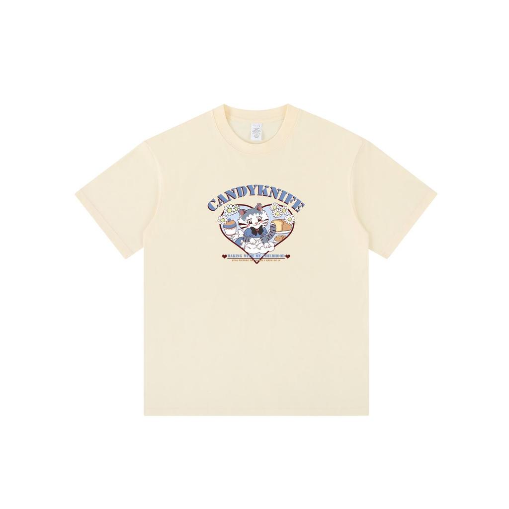 Lazy Style Pure Cotton Cute Kitten Short Sleeve Casual T-Shirt for Summer