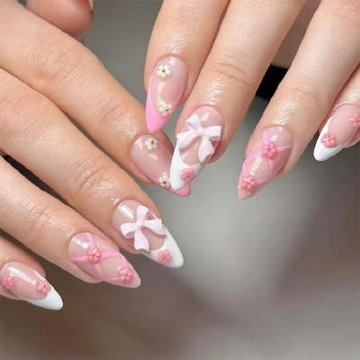 Press-On-Nagel Kurz Mandel Falscher Nagel French Vollabdeckung Acryl Falscher Nagel Schleifen Design Falscher Nagel für Damen und Mädchen