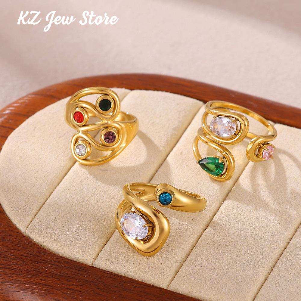 Shiny Cubic Stainless Steel Zircon Asymmetric Open Ring High-Grade Stainless Steel 18 K Gold Color Rust Proof Jewelry Party Gift
