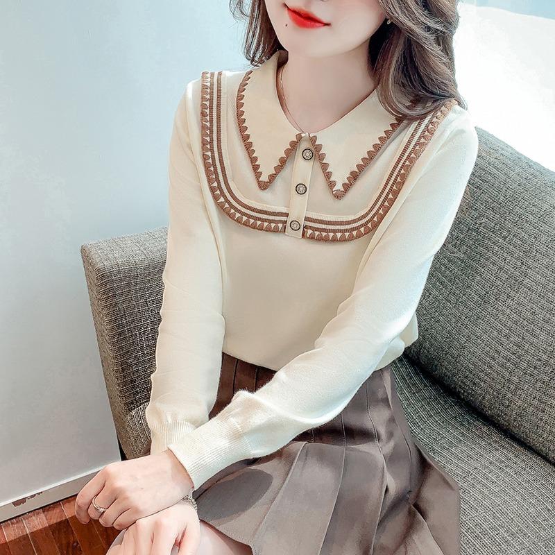 

Осінньо-зимова шикарна трикотажна сорочка з мереживним коміром-поло Жіночий модний верхній одяг Блуза з довгим рукавом для жінок Елегантні вільні вінтажні жіночі сорочки Топ 24740 One Size