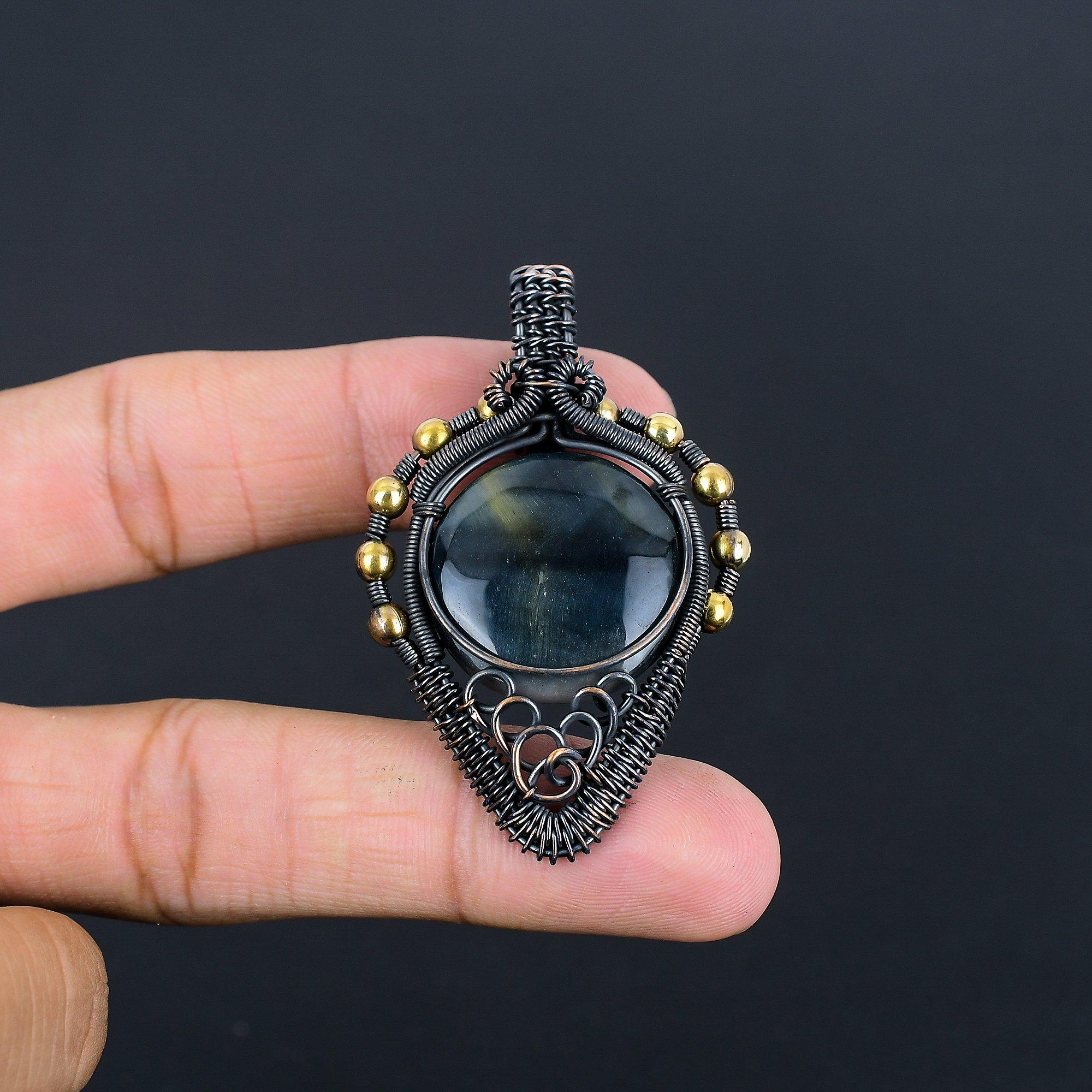 

Blue Tiger s Eye Jewelry, 999 Copper Wire Wrapped Pendant Handmade Gemstone Jewelry, Gifts For Wife Brand New Pendant 2.28 Inches