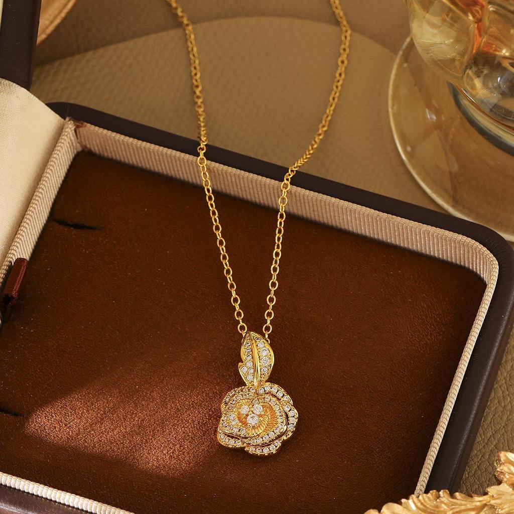 Exquisite French Design Rose Zircon Pendant Necklace - High-End Versatile Clavicle Jewelry for Women