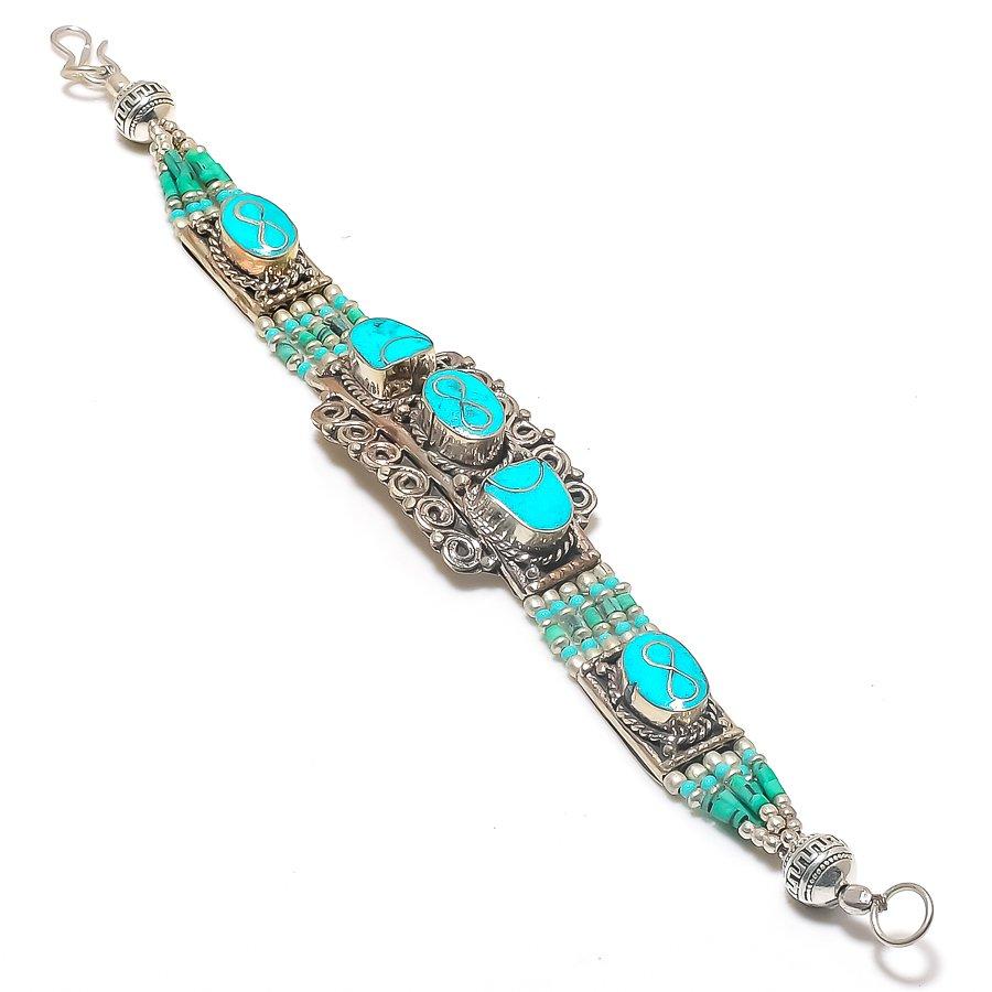 

Браслет из серебра 925 пробы с натуральным тибетским бирюзовым камнем 7-8 дюймов Q1P23
