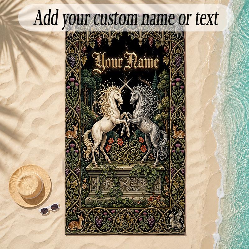 Unicorn Theme Soft Beach Towel Personalized Custom Name Text Towel Portable for Beach Pool Travel