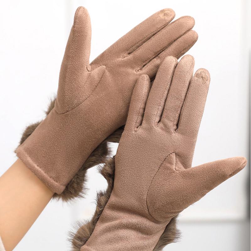 Korean Two-color Imitation Rabbit Fur Gloves Women Imitation Suede Warm Full Finger Gloves Touch Screen Windproof Riding Gloves