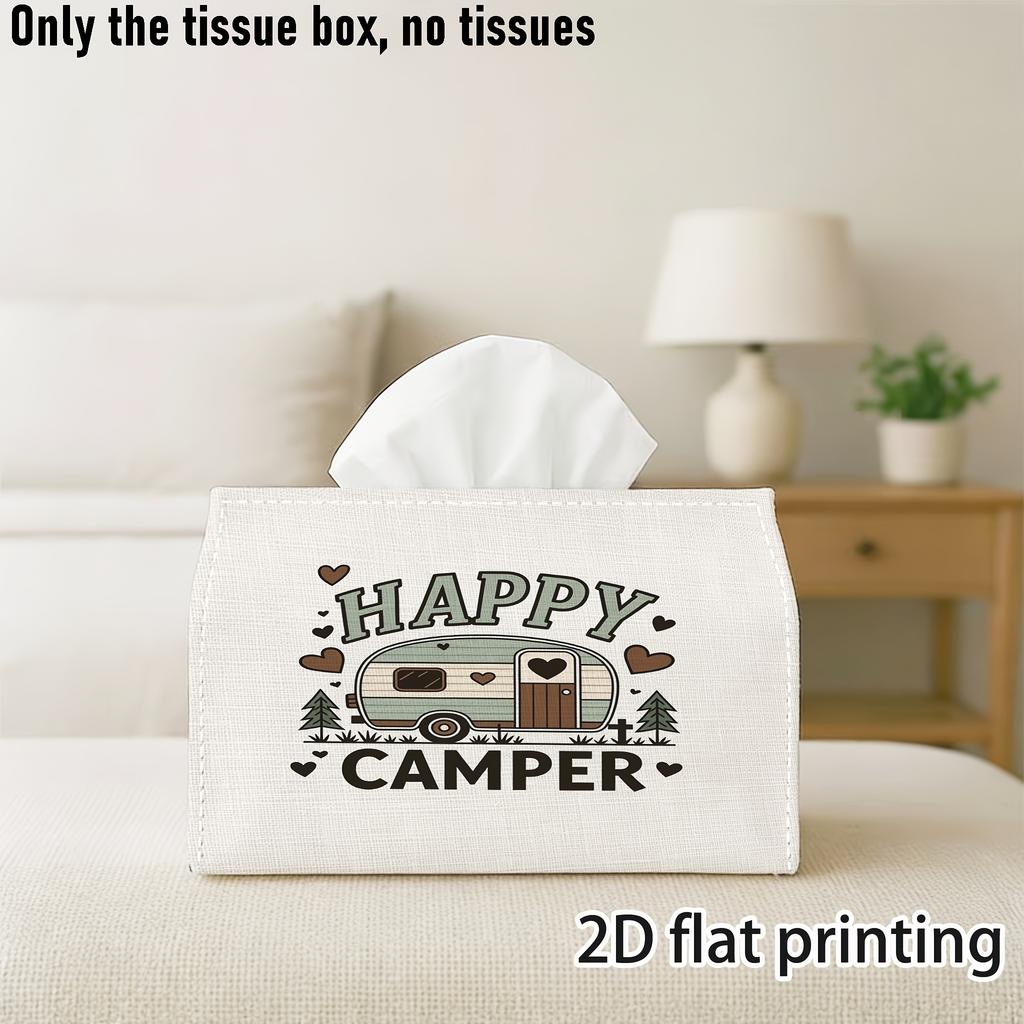 2D Flat, 2D Printed, Single Pack, Tissue Box, Featuring a Vintage-style Fun and Cheerful Camping Car Trailer Charming Multi-functional Print, Ideal fo