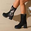 Fashion Luxury Embroidery Floral Black Suede Ankle Boot for Women Autumn Short Boots Elegant High Heel Side Zip Botines Zapatos De Mujer