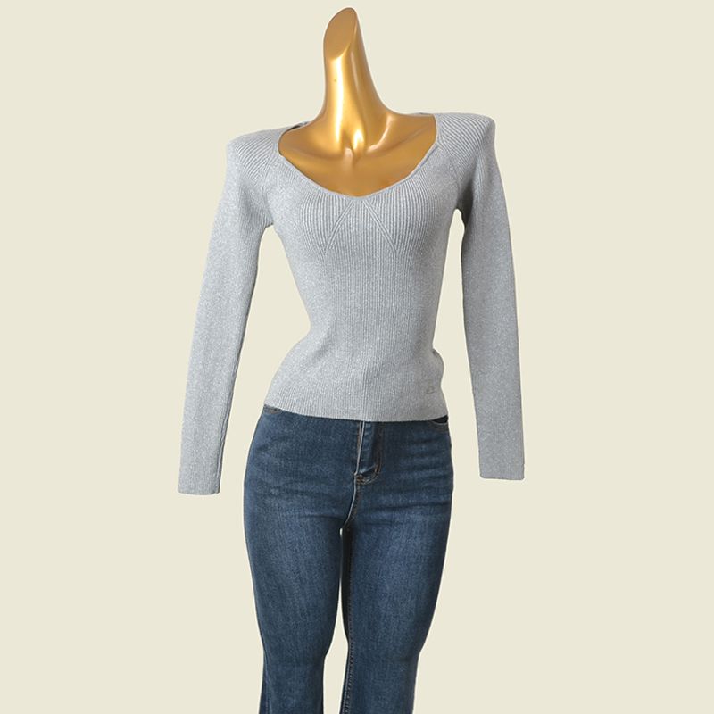 Single French Style V-neck Low-Cut Thread Knitting Bottoming Shirt Women's Spring New Arrival Gold and Silver Silk Slim Fit Slimming Long Sleeves