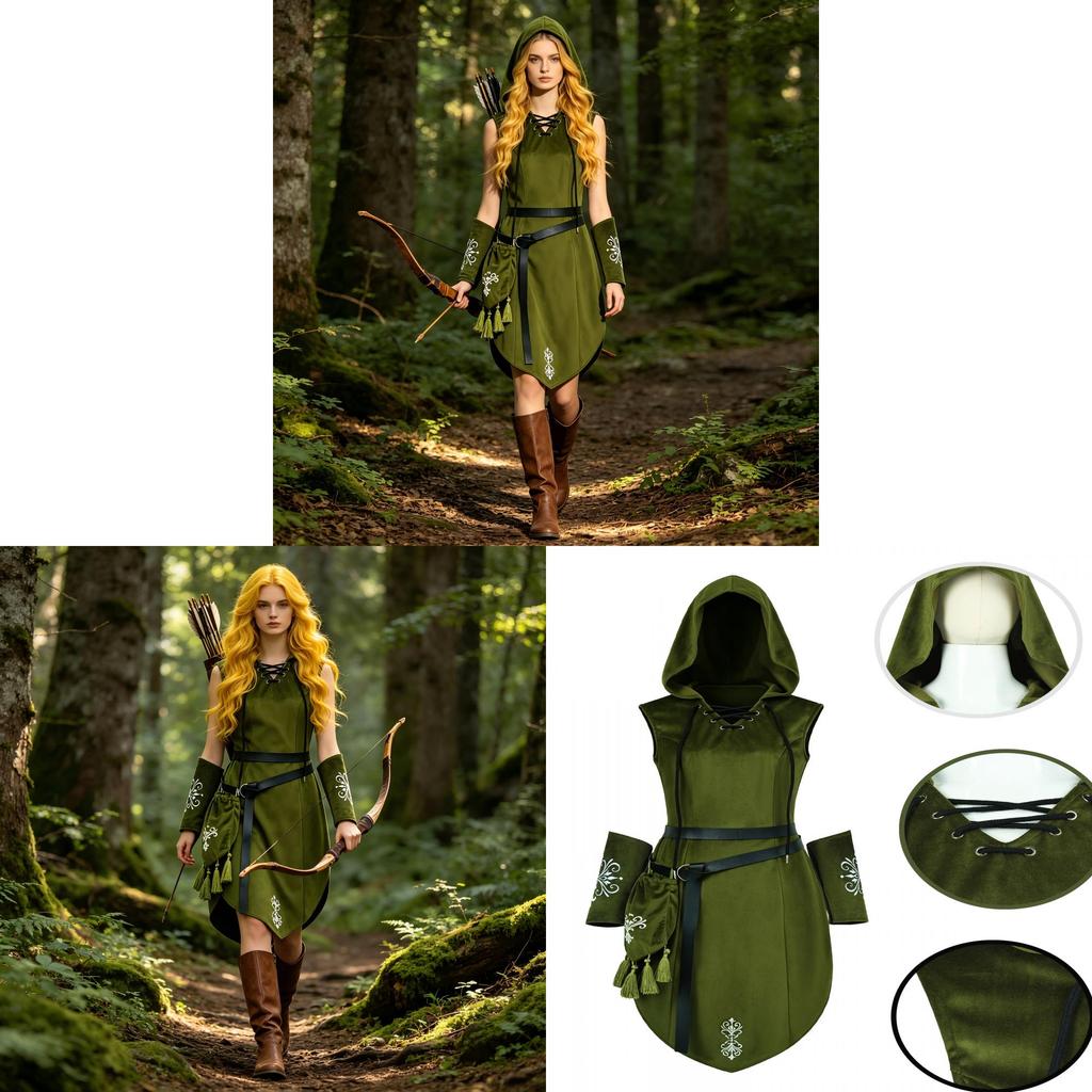 Elfen-Themen-Cosplay-Kostüm für Damen aus Polyesterstoff mit Kapuzenumhang für die Halloween-Party