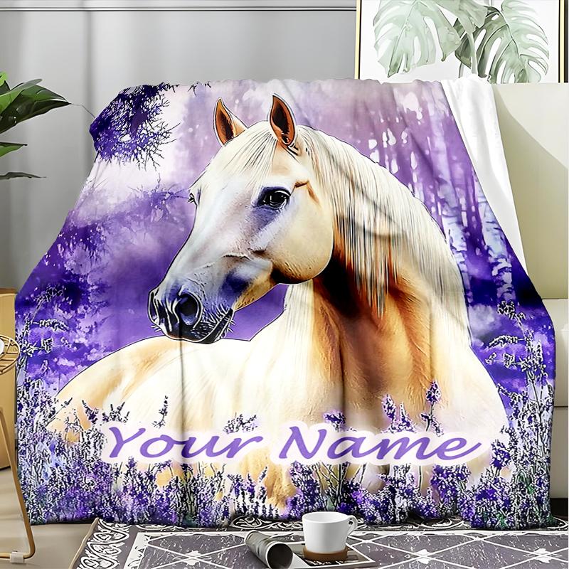 1PC Custom Name Lavender Dreams Horse Outdooor Flannel Blankets Patterns Throw Blanket All-Season Soft Gift for Couch, Bed, Camping Gifts