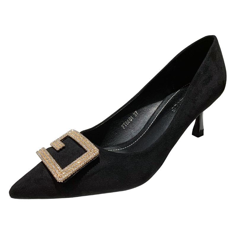 Single shoes women's new high heels pointed thin heels rhinestone versatile girl black cm cm