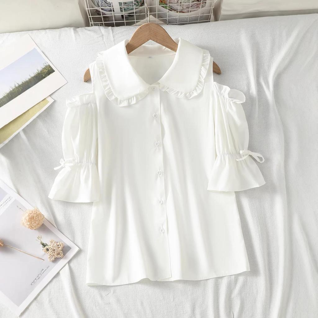 Versatile Ruffle Doll Collar Blouse - Women's Short-Sleeve, Pleated, Loose Fit, Solid Color