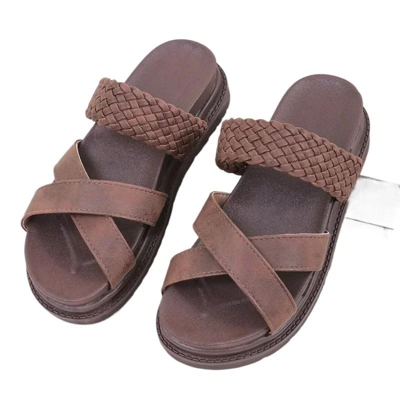 Summer Women Sandals Sexy Open Toe Broad Band Crossover Slip-On Thick Platform Shoes Casual Flat Slippers Big Size 43