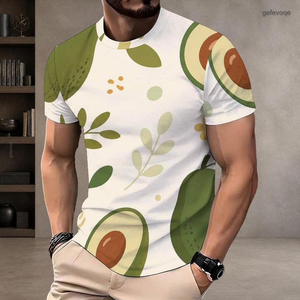 Mens Plus Size Round Neck Short Sleeve T Shirt White Fruit Leaf Printed Casual Tops