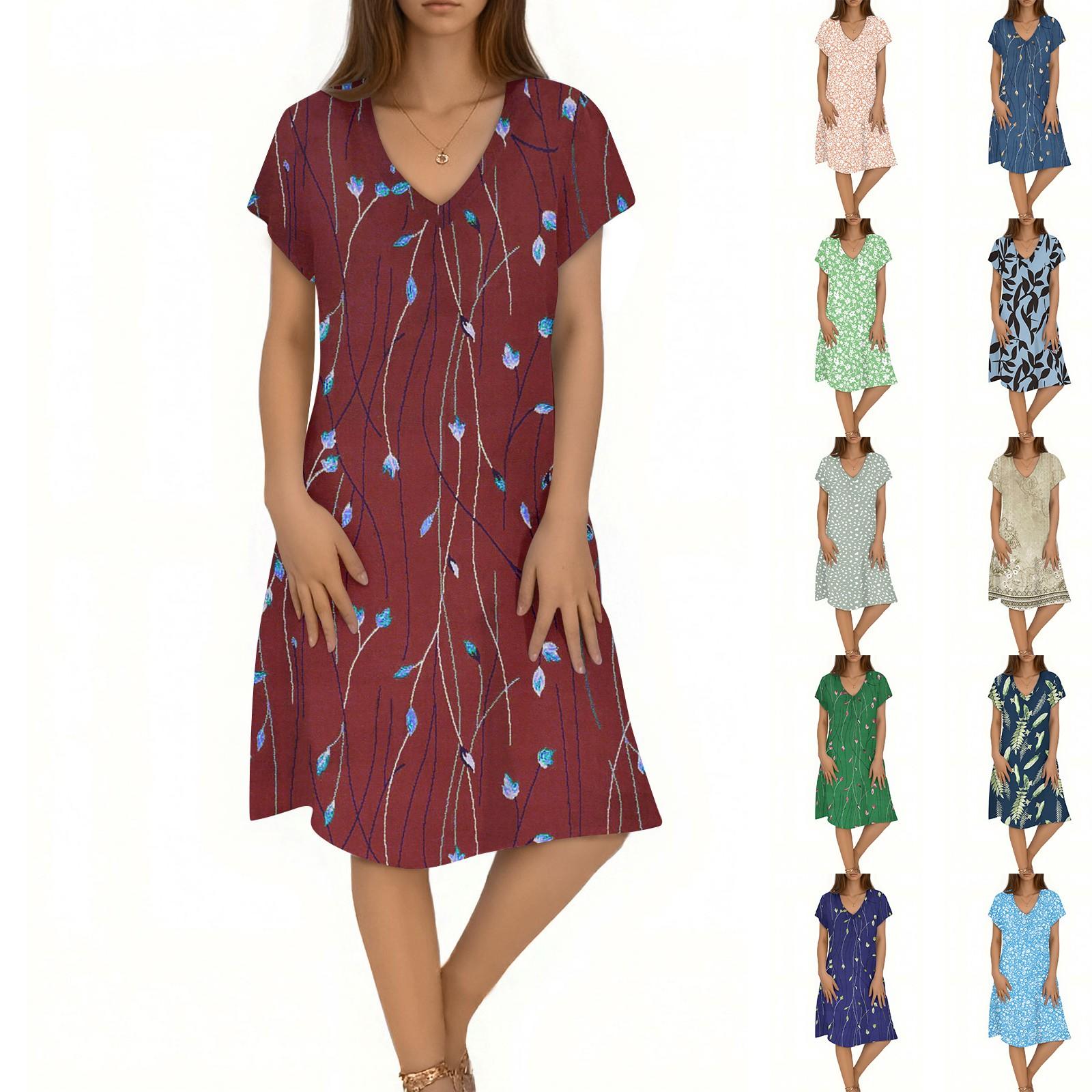 

Women s Casual Fashion V-Neck Short Sleeve Floral Print Midi Flowing Dress M чорний