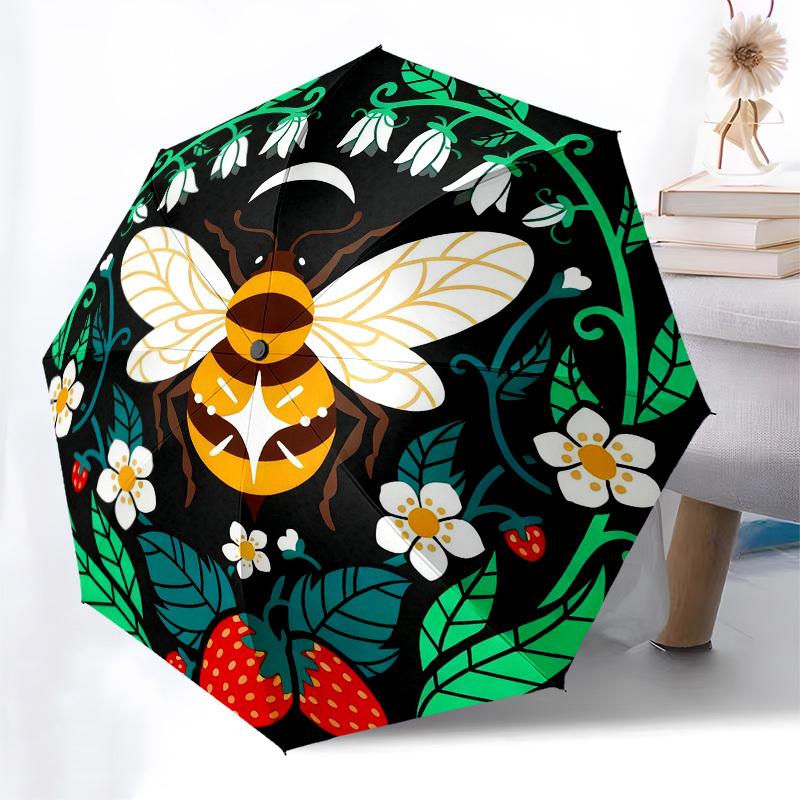 1pc Bee Flowers Automatic Folding Umbrella, Heavy Duty 8 Rib Iron Frame,  Suitable for Travel, Daily Use, Birthday, Decor Gift  26