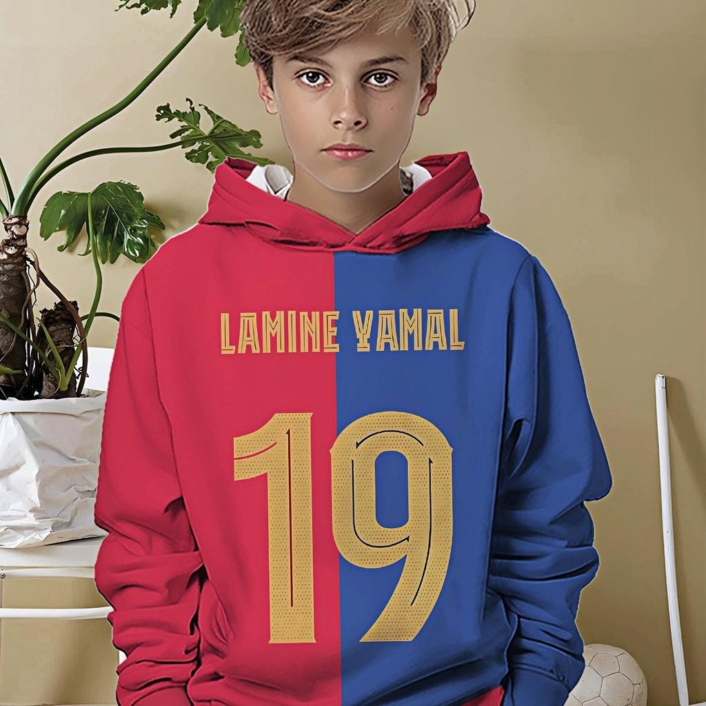 Boys' Football Hoodie, Red and Blue Color Blocked Pullover Sweatshirt, Soft Sports Jacket for Football Players and Fans