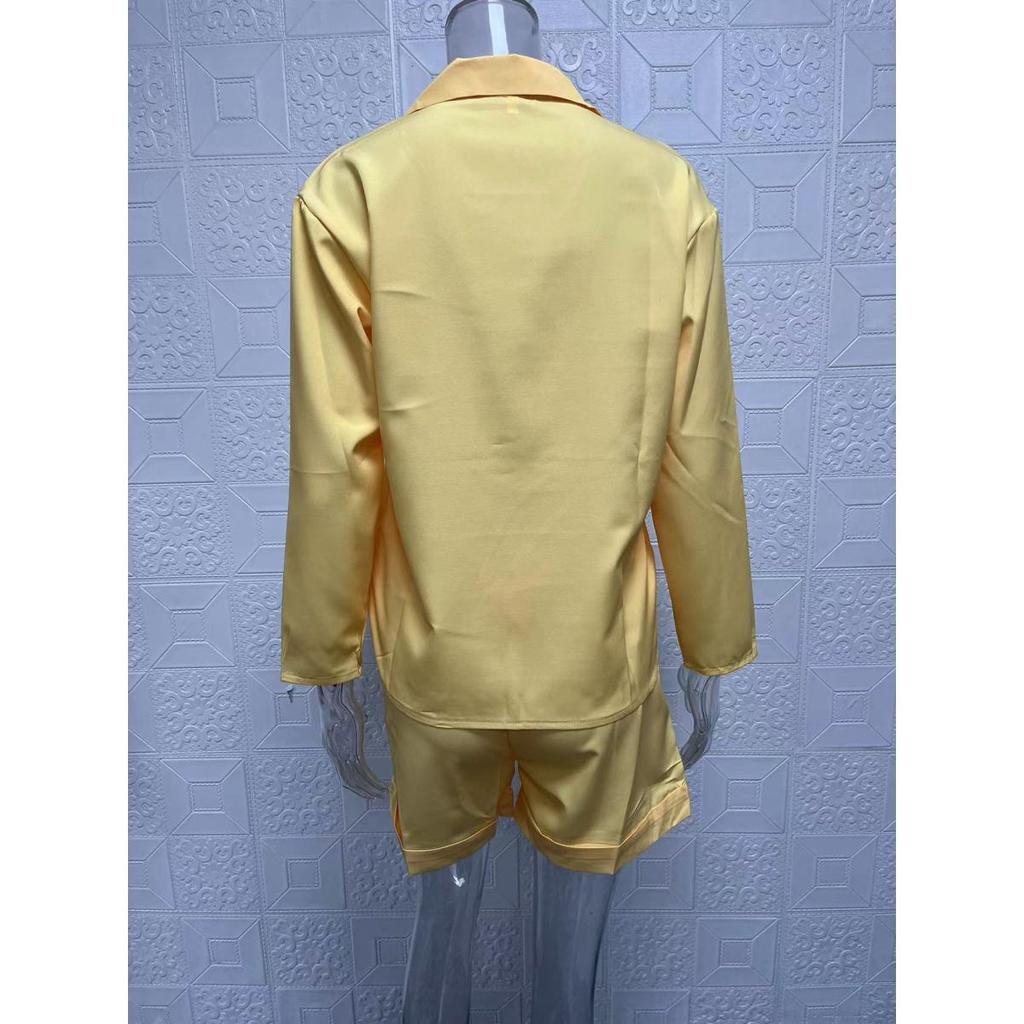 Women's sets summer long-sleeved lapel printed zipper shirt shorts clothes sale