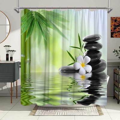 Grüner Bambus Zen Stein Duschvorhang Lotus Fließendes Wasser Zen Landschaft Duschvorhang Haus Badezimmer Dekoration Set mit Haken